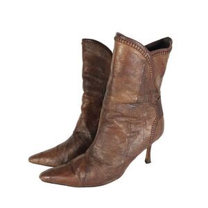 MANOLO BLAHNIK Women's US 9 EU 39,5 Textured Brown Leather Heeled Ankle Boots